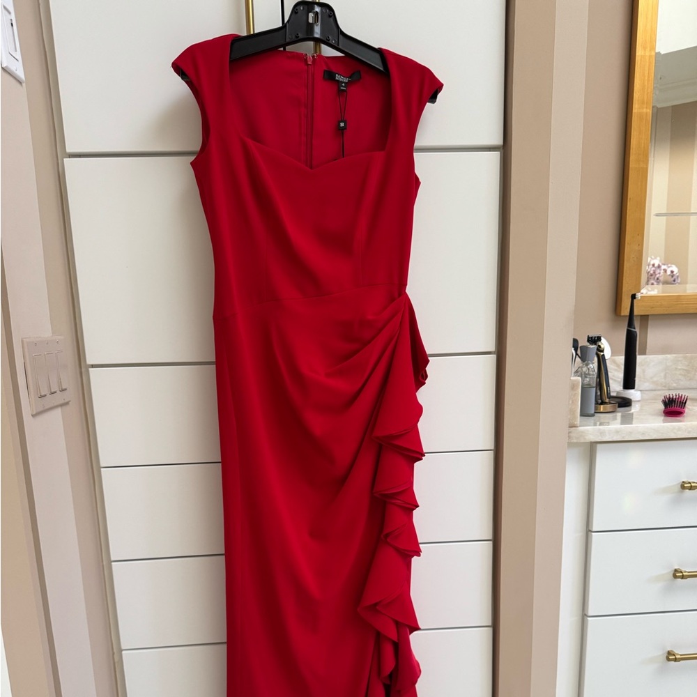 Badgley Mischka Red Ruffle-Accent Maxi Dress